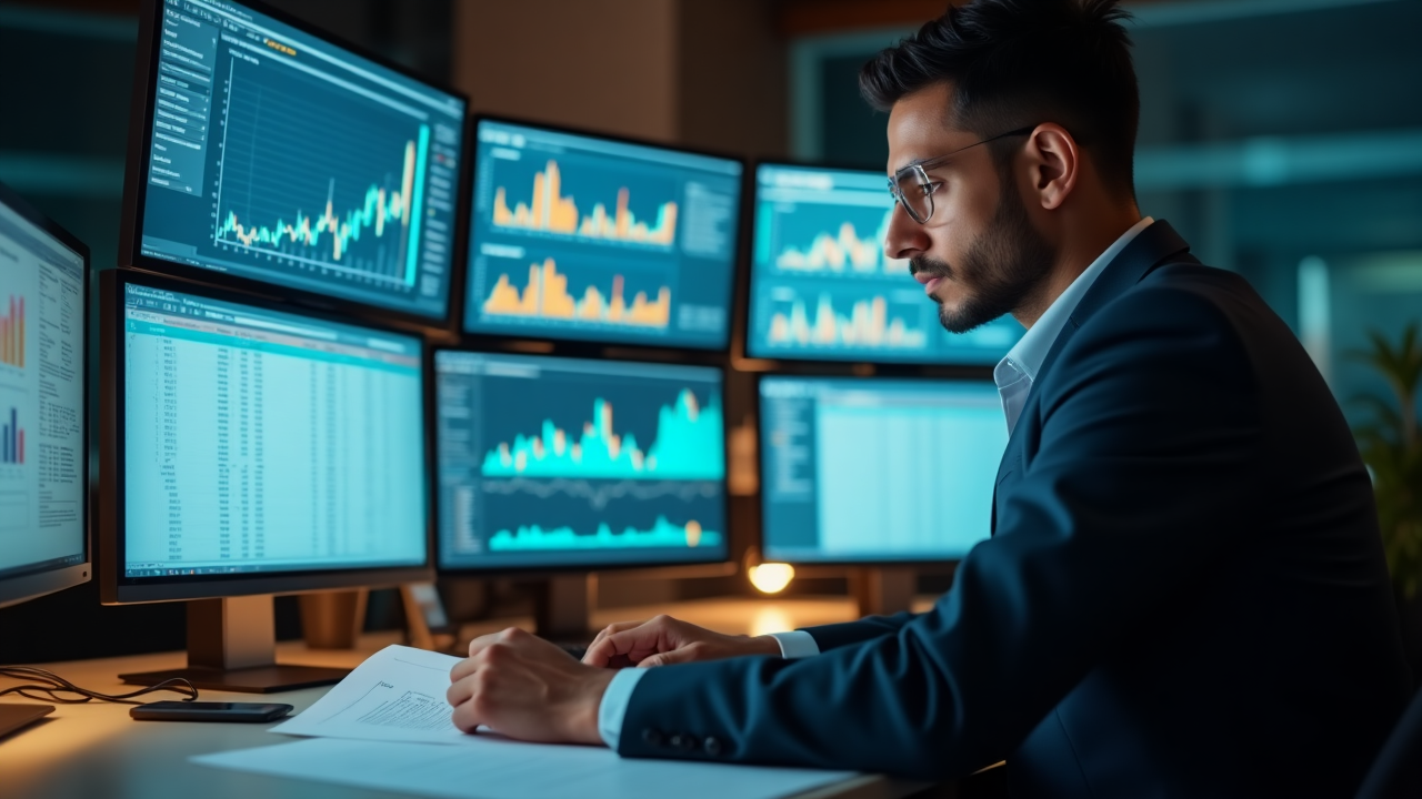 Persona analizando gráficos financieros en una computadora con documentos de estrategia de inversión