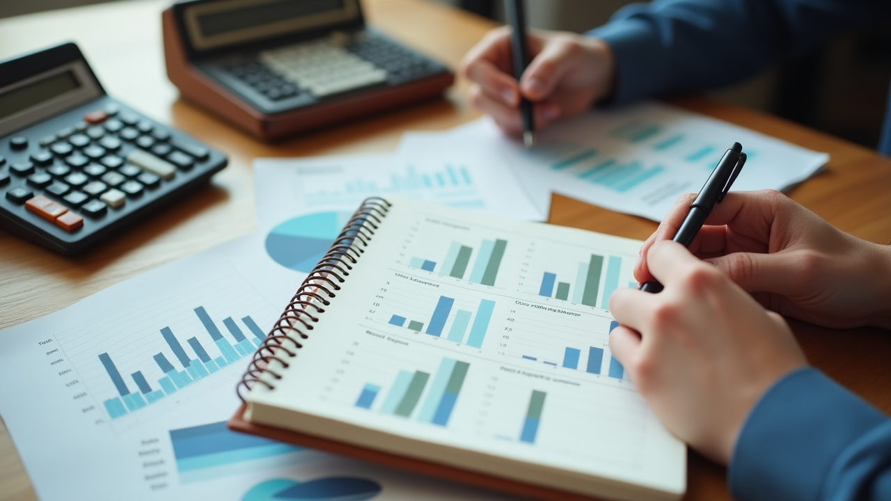 Mesa de trabajo con documentos de planificación financiera, calculadora y gráficos