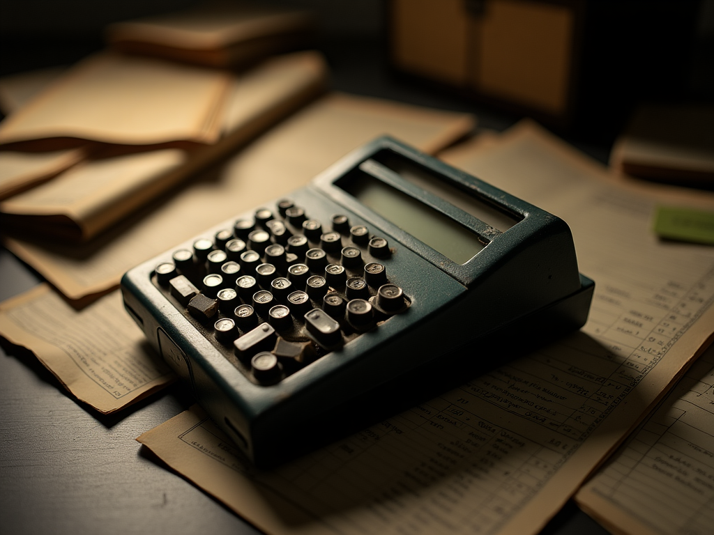 Calculadora vintage sobre documentos financieros antiguos, representando la evolución de la planificación financiera